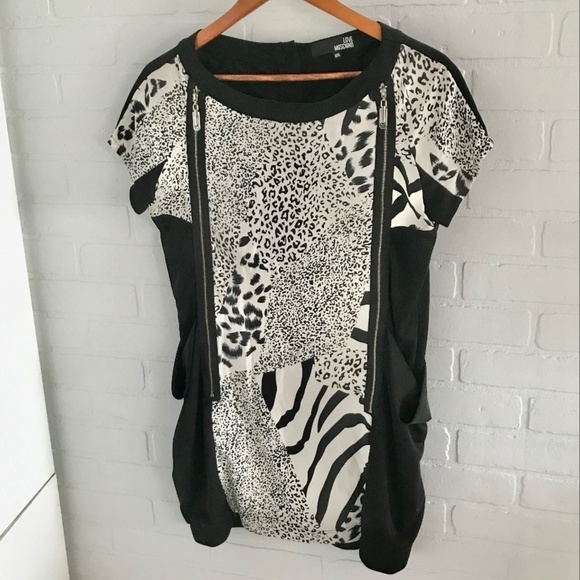 Love Moschino Mini dress Mobwife Animal print Black/Off-White Silk Pockets XXL - Picture 1 of 8